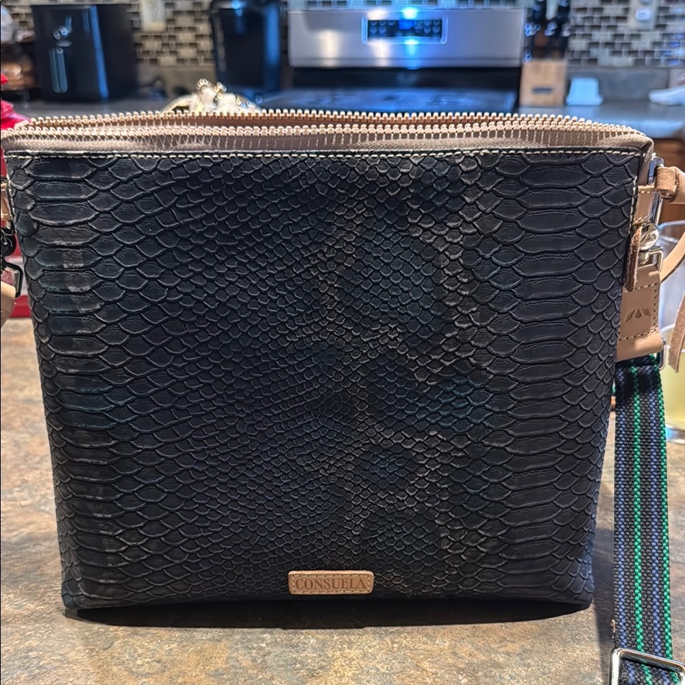 Consuela Black Textured Crossbody Bag with Metallic Detail